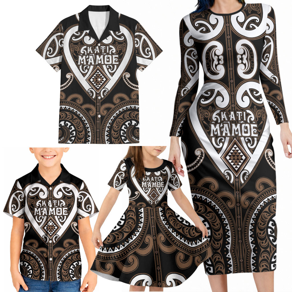 Custom Aotearoa Kati Mamoe Family Matching Long Sleeve Bodycon Dress and Hawaiian Shirt Maori Tribal Pattern LT05 - Polynesian Pride