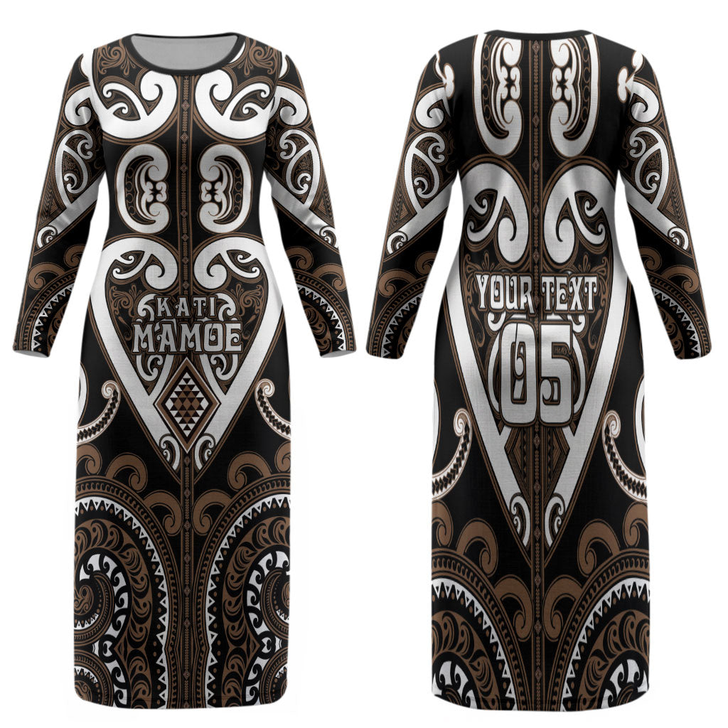 Custom Aotearoa Kati Mamoe Family Matching Long Sleeve Bodycon Dress and Hawaiian Shirt Maori Tribal Pattern LT05 Mom's Dress Brown - Polynesian Pride