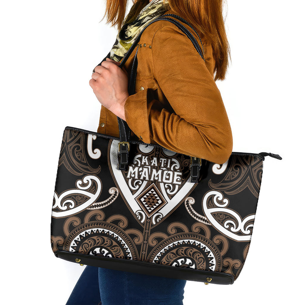 Aotearoa Kati Mamoe Leather Tote Bag Maori Tribal Pattern LT05 Brown - Polynesian Pride