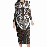Custom Aotearoa Kati Mamoe Long Sleeve Bodycon Dress Maori Tribal Pattern LT05 Long Dress Brown - Polynesian Pride