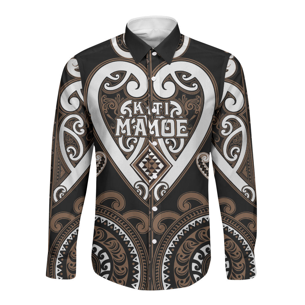 Custom Aotearoa Kati Mamoe Long Sleeve Button Shirt Maori Tribal Pattern LT05 Unisex Brown - Polynesian Pride