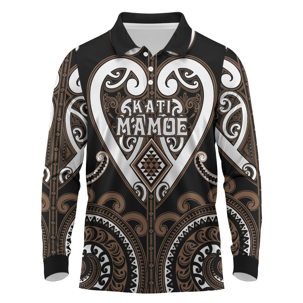 Custom Aotearoa Kati Mamoe Long Sleeve Polo Shirt Maori Tribal Pattern LT05 Brown - Polynesian Pride