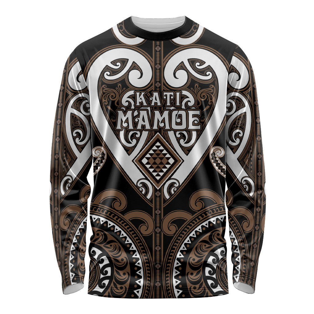Custom Aotearoa Kati Mamoe Long Sleeve Shirt Maori Tribal Pattern LT05 Unisex Brown - Polynesian Pride