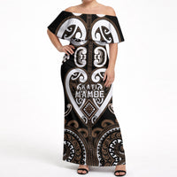 Custom Aotearoa Kati Mamoe Off Shoulder Maxi Dress Maori Tribal Pattern LT05 Women Brown - Polynesian Pride