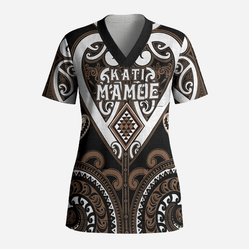 Custom Aotearoa Kati Mamoe Scrub Top Maori Tribal Pattern LT05 Adult Brown - Polynesian Pride