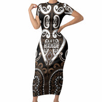 Custom Aotearoa Kati Mamoe Short Sleeve Bodycon Dress Maori Tribal Pattern LT05 Long Dress Brown - Polynesian Pride