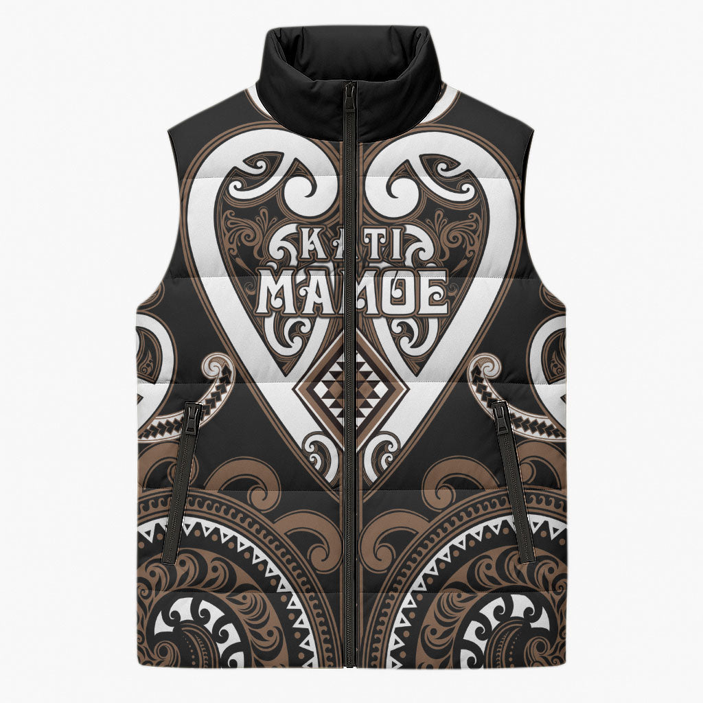 Custom Aotearoa Kati Mamoe Sleeveless Puffer Jacket Maori Tribal Pattern LT05 Unisex Brown - Polynesian Pride