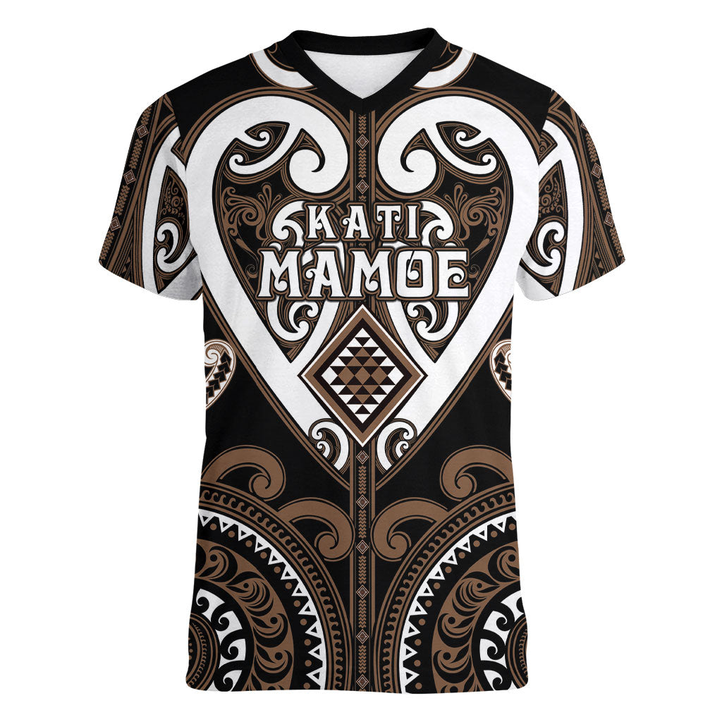 Custom Aotearoa Kati Mamoe Women V-Neck T-Shirt Maori Tribal Pattern LT05 Female Brown - Polynesian Pride