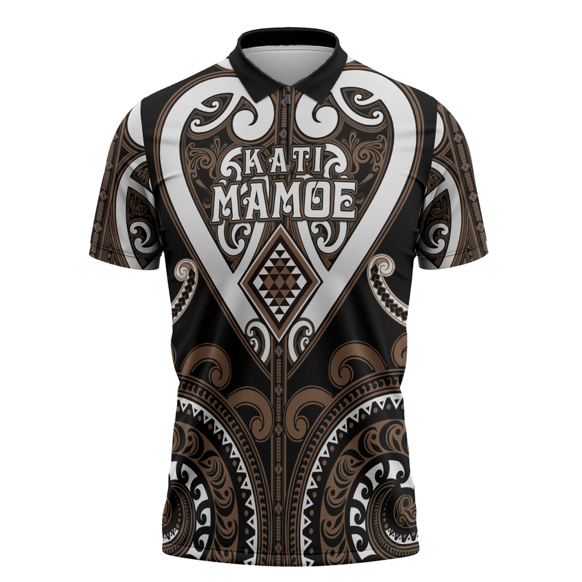 Custom Aotearoa Kati Mamoe Zipper Polo Shirt Maori Tribal Pattern LT05 Brown - Polynesian Pride