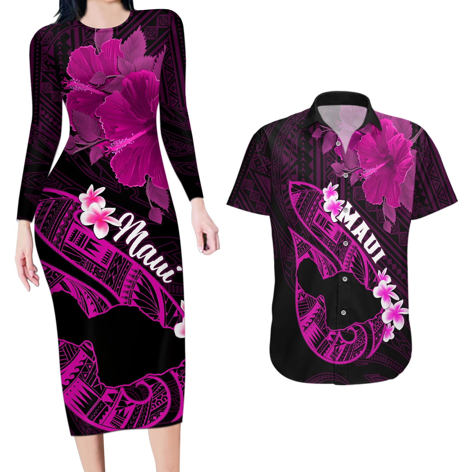 Hawaii Maui Couples Matching Long Sleeve Bodycon Dress and Hawaiian Shirt Polynesian Fish Hook Hibiscus Pink Version LT05 Pink - Polynesian Pride