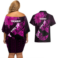 Hawaii Maui Couples Matching Off Shoulder Short Dress and Hawaiian Shirt Polynesian Fish Hook Hibiscus Pink Version LT05 - Polynesian Pride