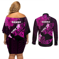 Hawaii Maui Couples Matching Off Shoulder Short Dress and Long Sleeve Button Shirts Polynesian Fish Hook Hibiscus Pink Version LT05 - Polynesian Pride