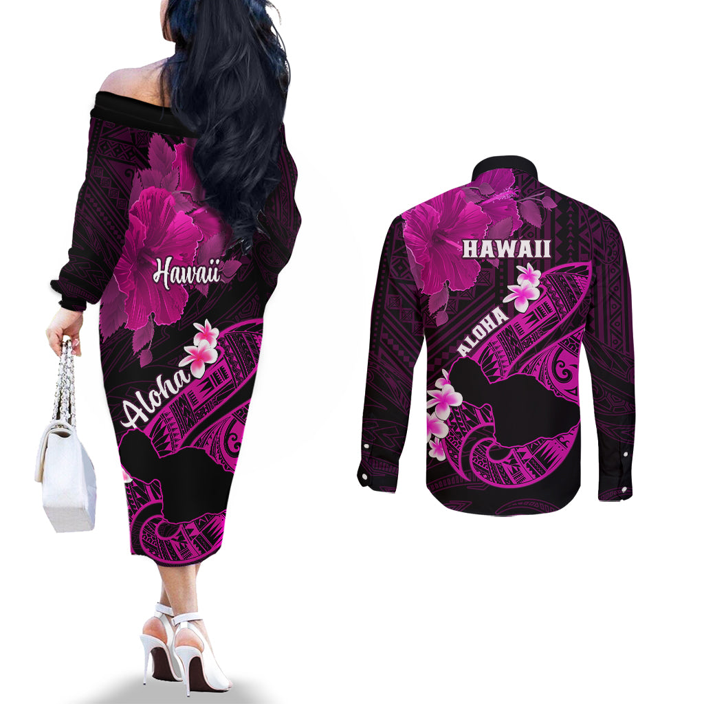 Hawaii Maui Couples Matching Off The Shoulder Long Sleeve Dress and Long Sleeve Button Shirts Polynesian Fish Hook Hibiscus Pink Version LT05 - Polynesian Pride