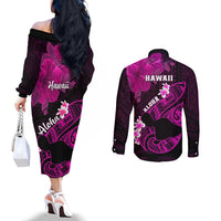 Hawaii Maui Couples Matching Off The Shoulder Long Sleeve Dress and Long Sleeve Button Shirts Polynesian Fish Hook Hibiscus Pink Version LT05 - Polynesian Pride