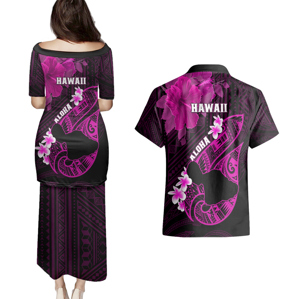 Hawaii Maui Couples Matching Puletasi Dress and Hawaiian Shirt Polynesian Fish Hook Hibiscus Pink Version LT05 - Polynesian Pride
