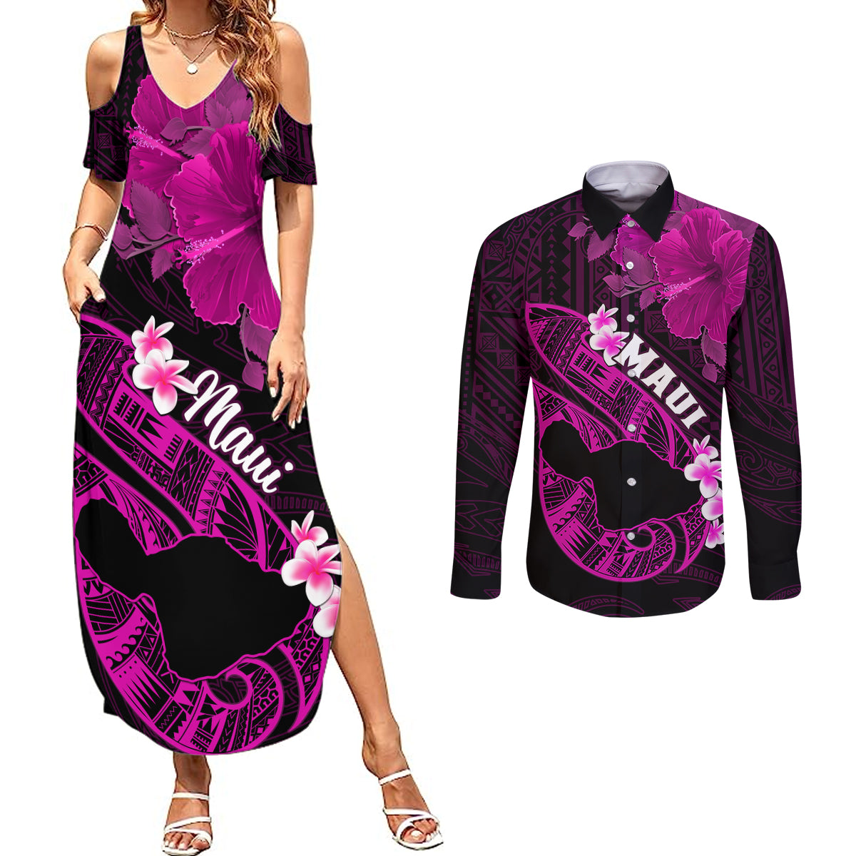 Hawaii Maui Couples Matching Summer Maxi Dress and Long Sleeve Button Shirts Polynesian Fish Hook Hibiscus Pink Version LT05 Pink - Polynesian Pride