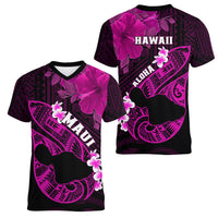 Hawaii Maui Women V Neck T Shirt Polynesian Fish Hook Hibiscus Pink Version LT05 - Polynesian Pride