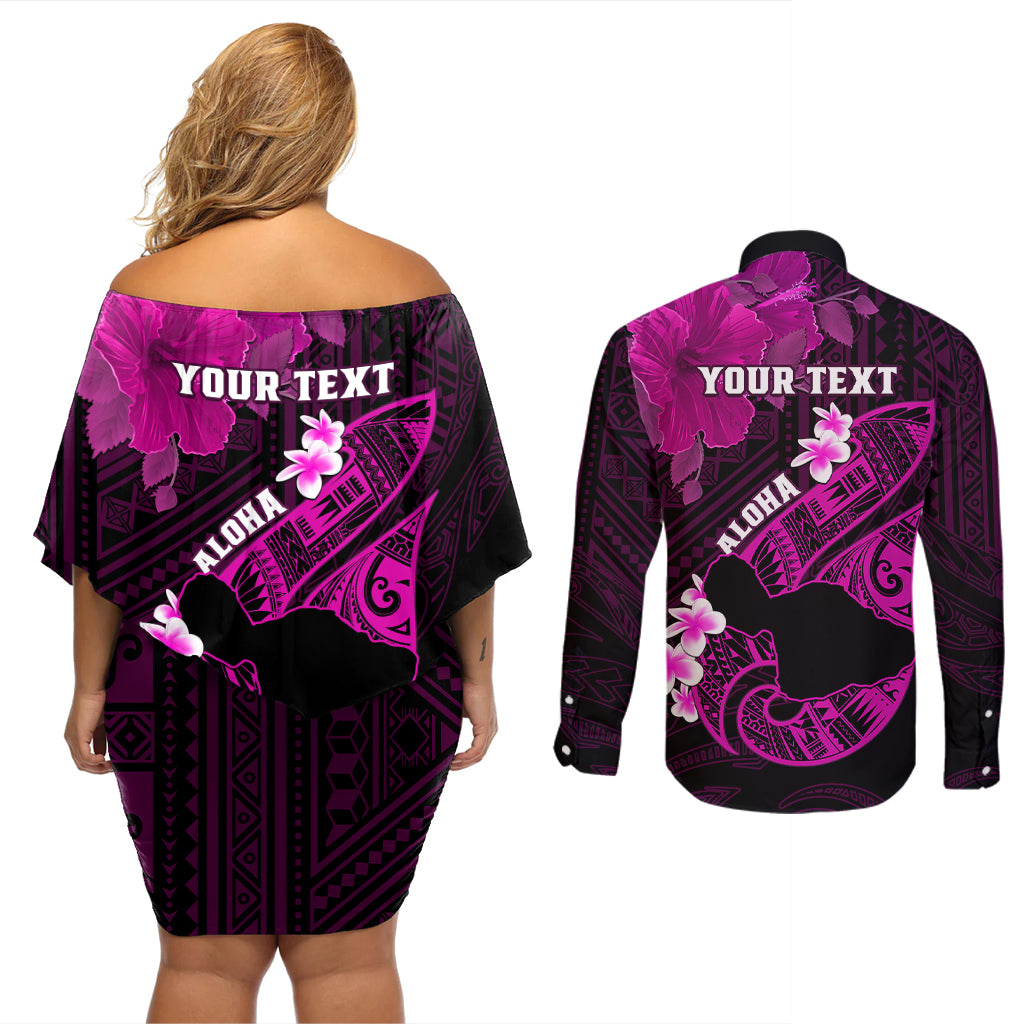 Personalized Hawaii Maui Couples Matching Off Shoulder Short Dress and Long Sleeve Button Shirts Polynesian Fish Hook Hibiscus Pink Version LT05 - Polynesian Pride