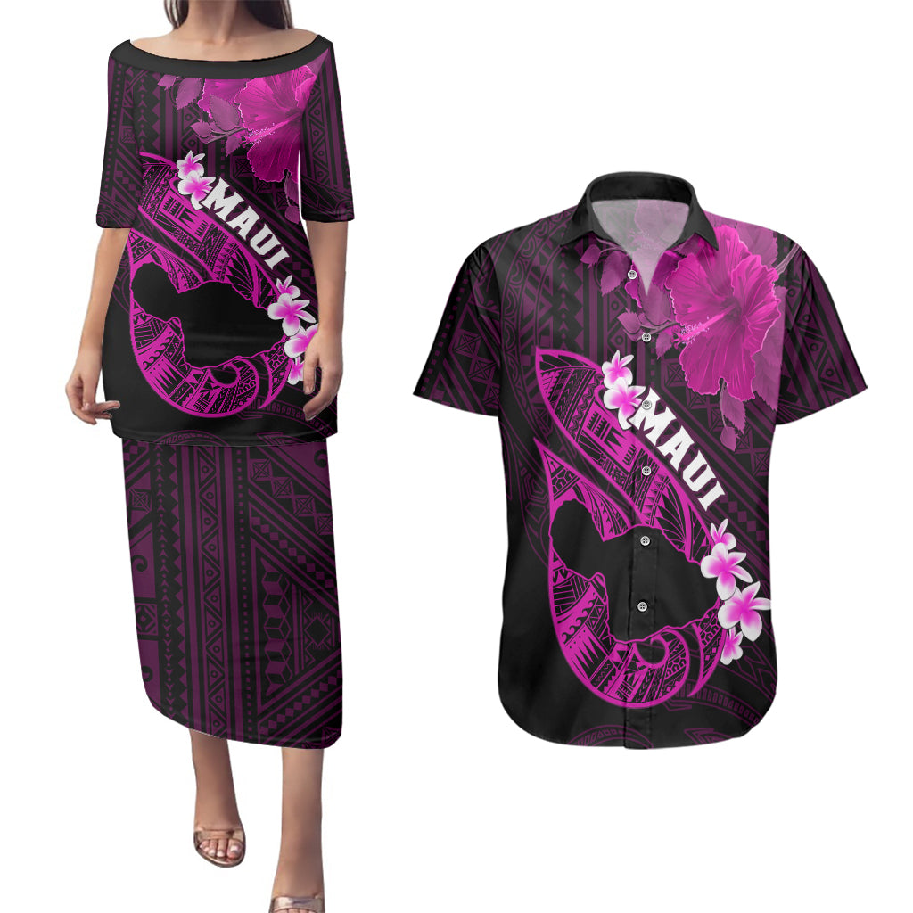 Personalized Hawaii Maui Couples Matching Puletasi Dress and Hawaiian Shirt Polynesian Fish Hook Hibiscus Pink Version LT05 Pink - Polynesian Pride
