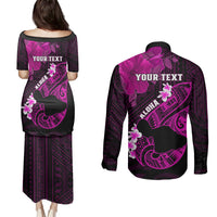 Personalized Hawaii Maui Couples Matching Puletasi Dress and Long Sleeve Button Shirts Polynesian Fish Hook Hibiscus Pink Version LT05 - Polynesian Pride
