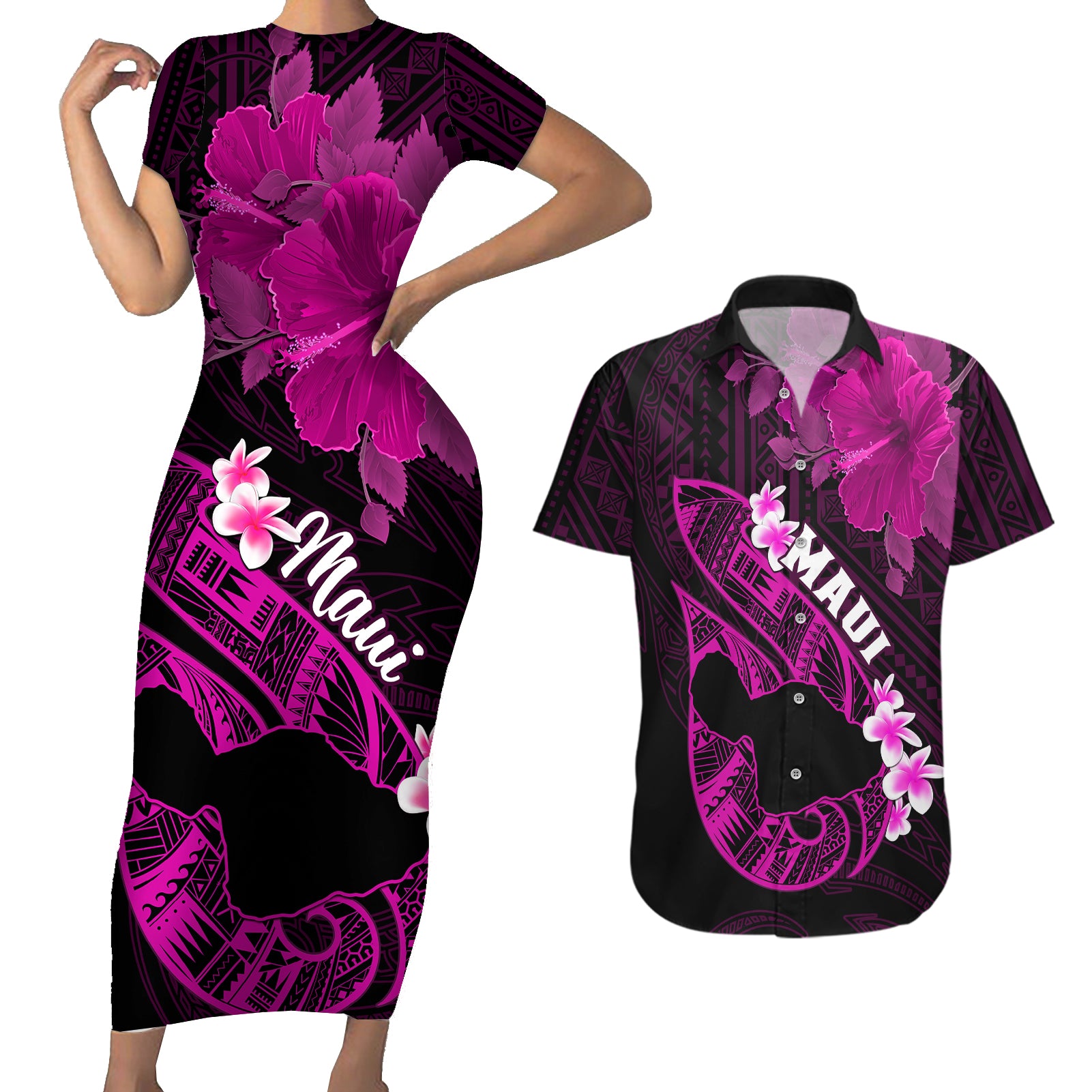 Personalized Hawaii Maui Couples Matching Short Sleeve Bodycon Dress and Hawaiian Shirt Polynesian Fish Hook Hibiscus Pink Version LT05 Pink - Polynesian Pride