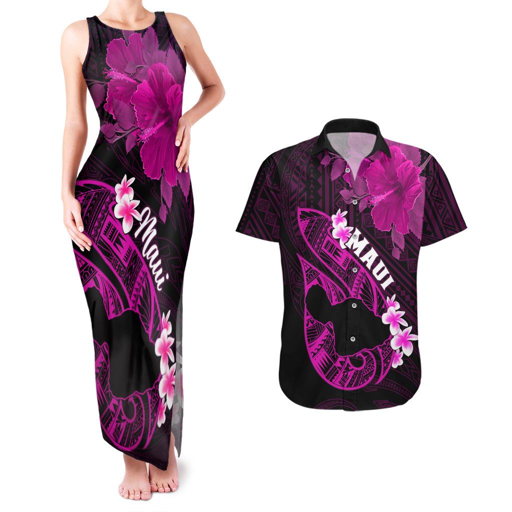 Personalized Hawaii Maui Couples Matching Tank Maxi Dress and Hawaiian Shirt Polynesian Fish Hook Hibiscus Pink Version LT05 Pink - Polynesian Pride