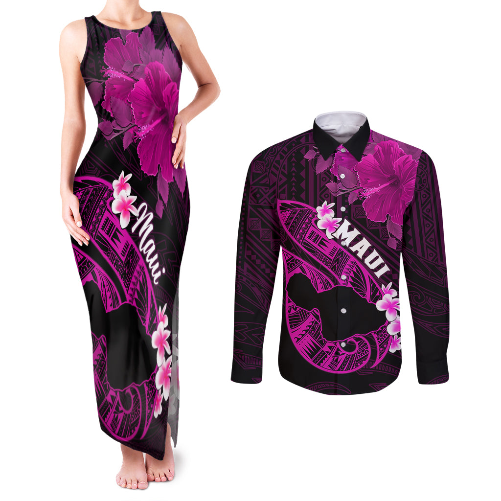 Personalized Hawaii Maui Couples Matching Tank Maxi Dress and Long Sleeve Button Shirts Polynesian Fish Hook Hibiscus Pink Version LT05 Pink - Polynesian Pride
