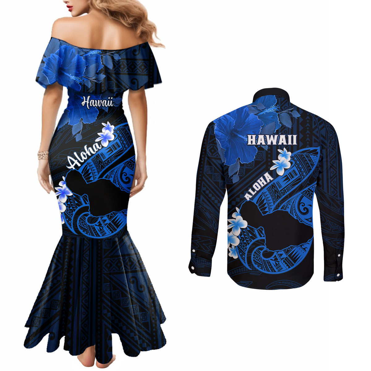 Hawaii Maui Couples Matching Mermaid Dress and Long Sleeve Button Shirts Polynesian Fish Hook Hibiscus Blue Version LT05 - Polynesian Pride
