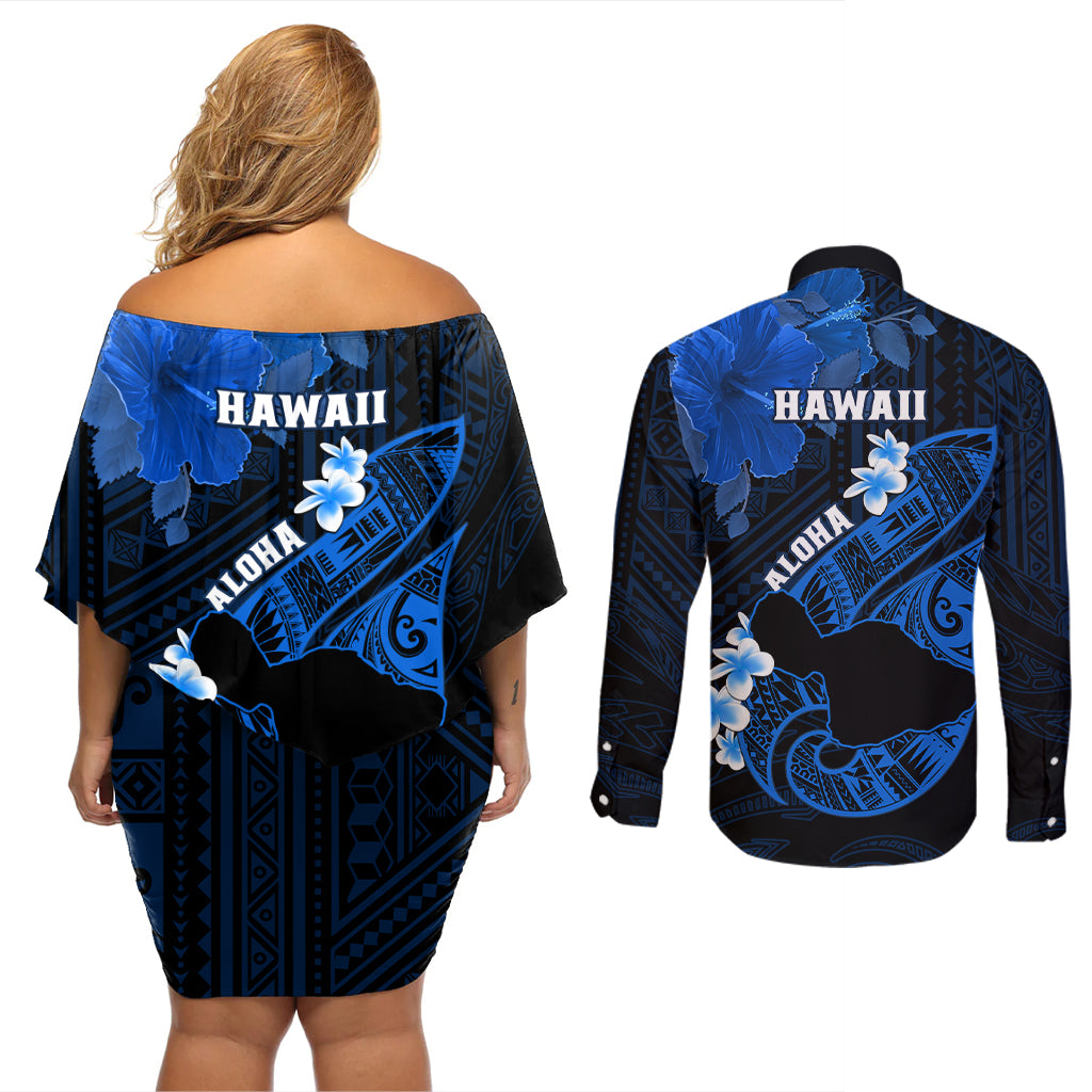 Hawaii Maui Couples Matching Off Shoulder Short Dress and Long Sleeve Button Shirts Polynesian Fish Hook Hibiscus Blue Version LT05 - Polynesian Pride