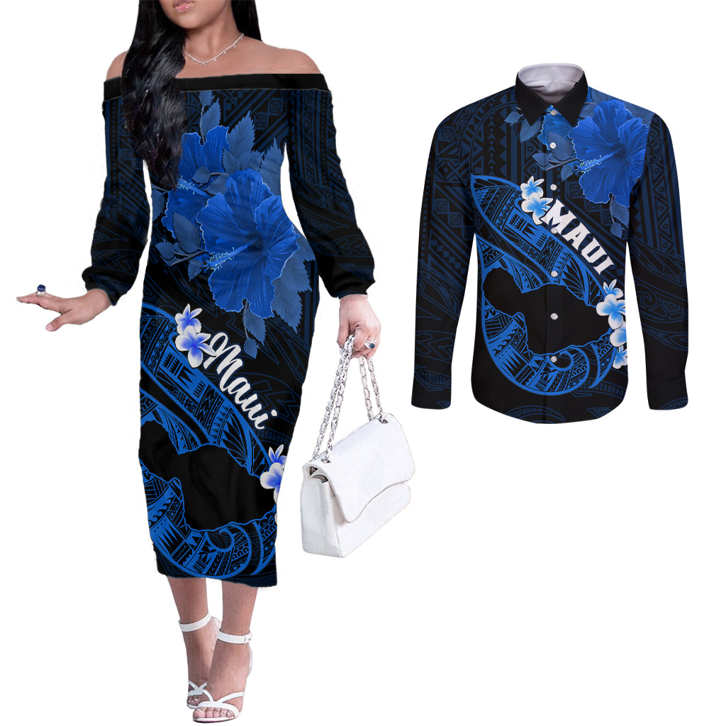 Hawaii Maui Couples Matching Off The Shoulder Long Sleeve Dress and Long Sleeve Button Shirts Polynesian Fish Hook Hibiscus Blue Version LT05 Blue - Polynesian Pride