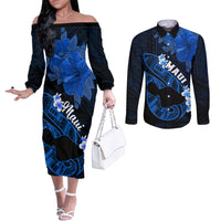 Hawaii Maui Couples Matching Off The Shoulder Long Sleeve Dress and Long Sleeve Button Shirts Polynesian Fish Hook Hibiscus Blue Version LT05 Blue - Polynesian Pride