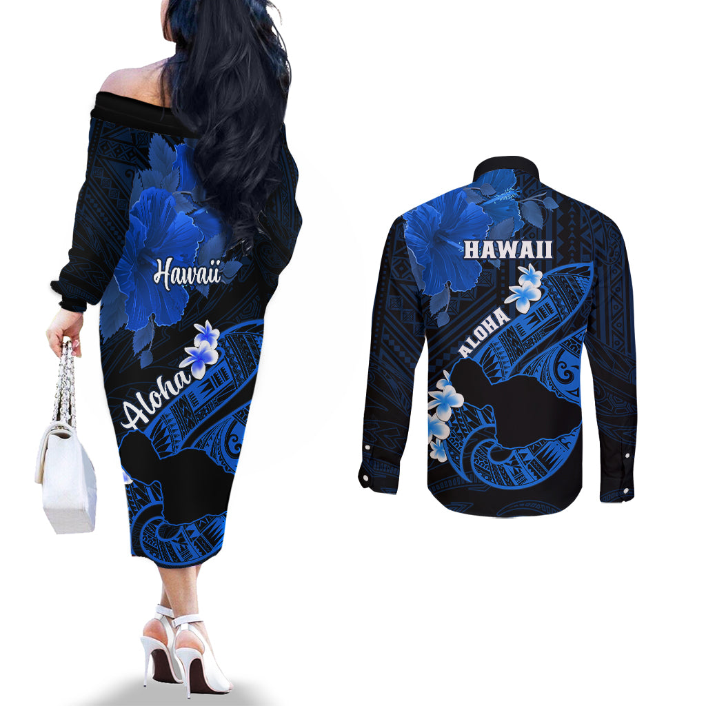 Hawaii Maui Couples Matching Off The Shoulder Long Sleeve Dress and Long Sleeve Button Shirts Polynesian Fish Hook Hibiscus Blue Version LT05 - Polynesian Pride