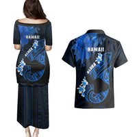 Hawaii Maui Couples Matching Puletasi Dress and Hawaiian Shirt Polynesian Fish Hook Hibiscus Blue Version LT05 - Polynesian Pride