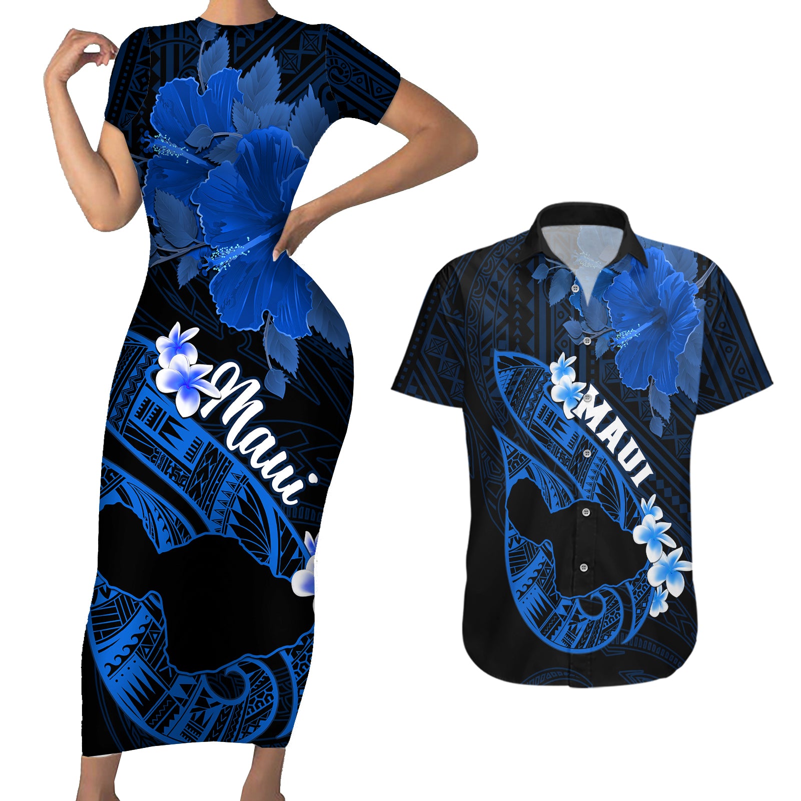 Hawaii Maui Couples Matching Short Sleeve Bodycon Dress and Hawaiian Shirt Polynesian Fish Hook Hibiscus Blue Version LT05 Blue - Polynesian Pride