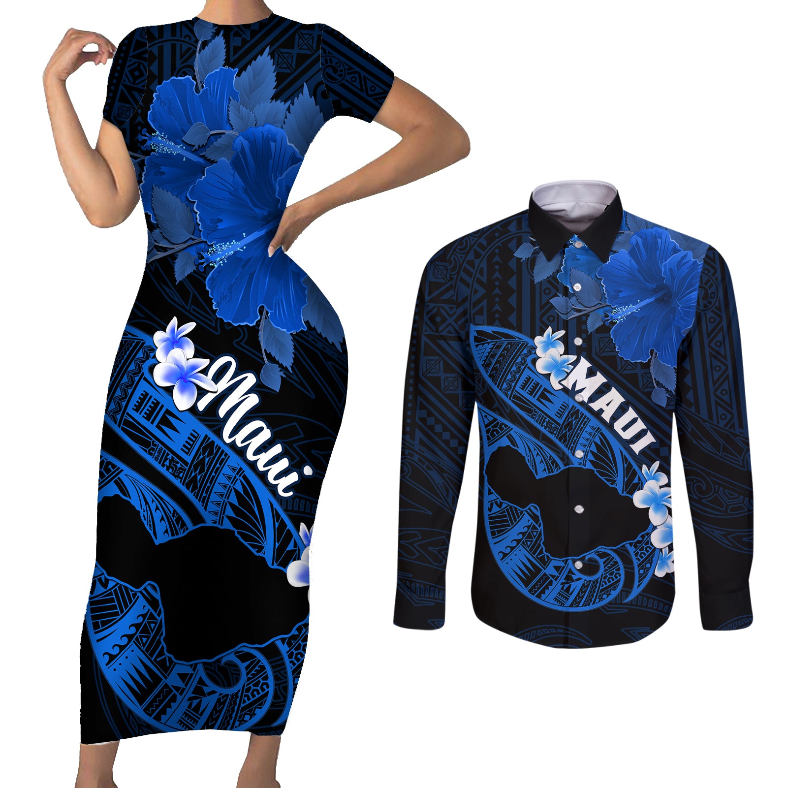 Hawaii Maui Couples Matching Short Sleeve Bodycon Dress and Long Sleeve Button Shirts Polynesian Fish Hook Hibiscus Blue Version LT05 Blue - Polynesian Pride