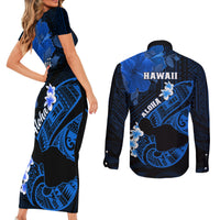 Hawaii Maui Couples Matching Short Sleeve Bodycon Dress and Long Sleeve Button Shirts Polynesian Fish Hook Hibiscus Blue Version LT05 - Polynesian Pride