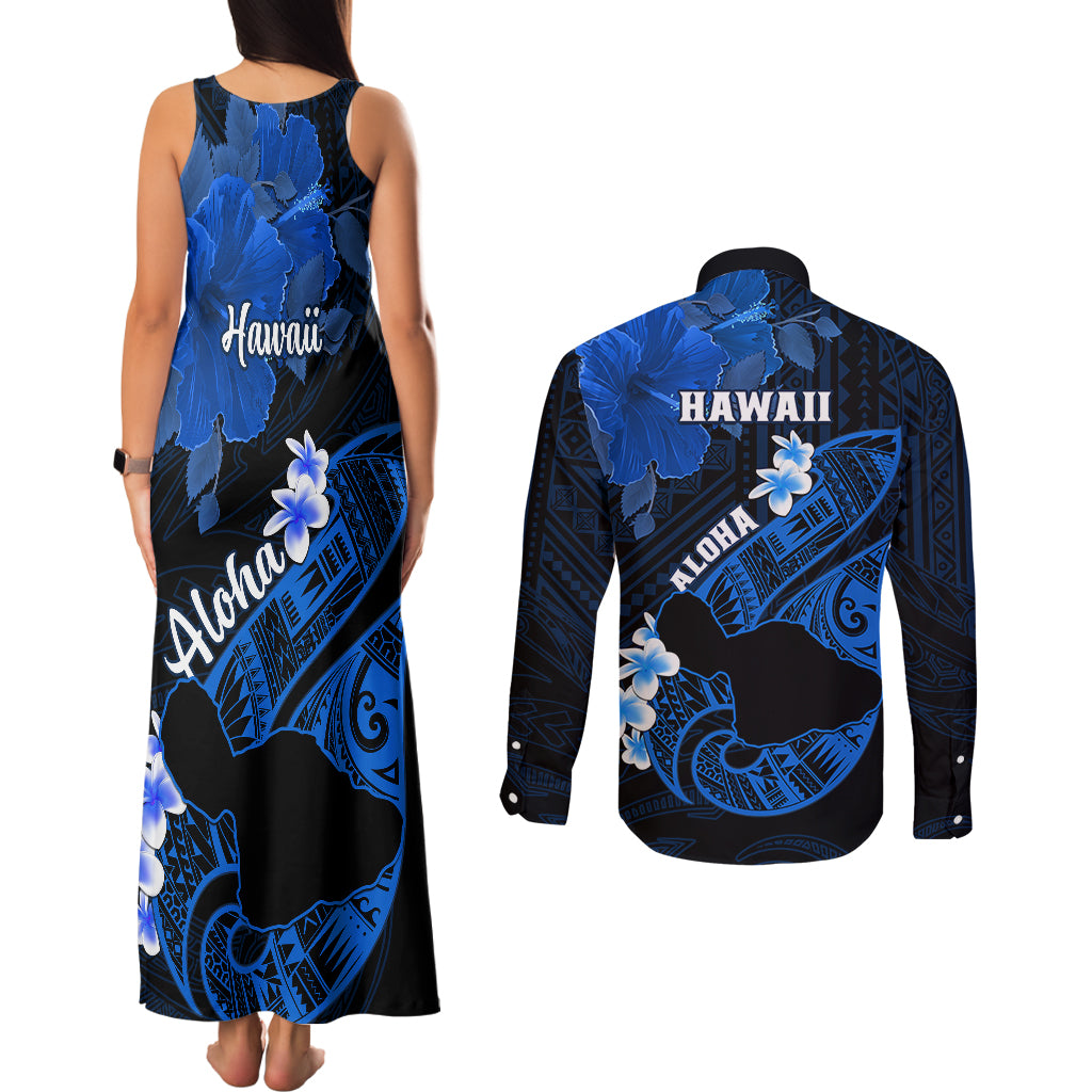 Hawaii Maui Couples Matching Tank Maxi Dress and Long Sleeve Button Shirts Polynesian Fish Hook Hibiscus Blue Version LT05 - Polynesian Pride