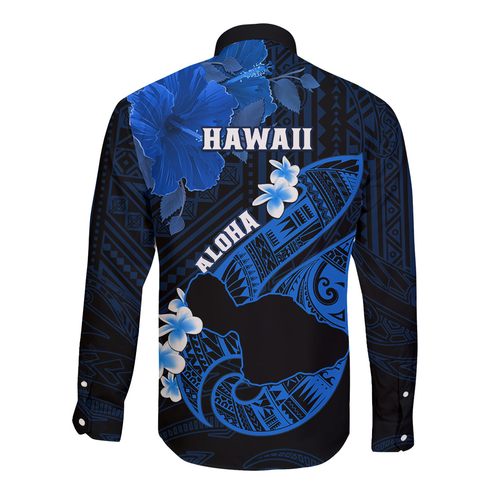 Hawaii Maui Long Sleeve Button Shirt Polynesian Fish Hook Hibiscus Blue Version LT05 - Polynesian Pride