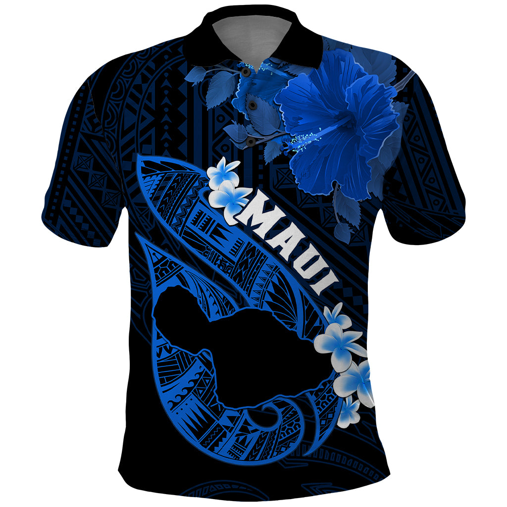 Hawaii Maui Polo Shirt Polynesian Fish Hook Hibiscus Blue Version LT05 Blue - Polynesian Pride
