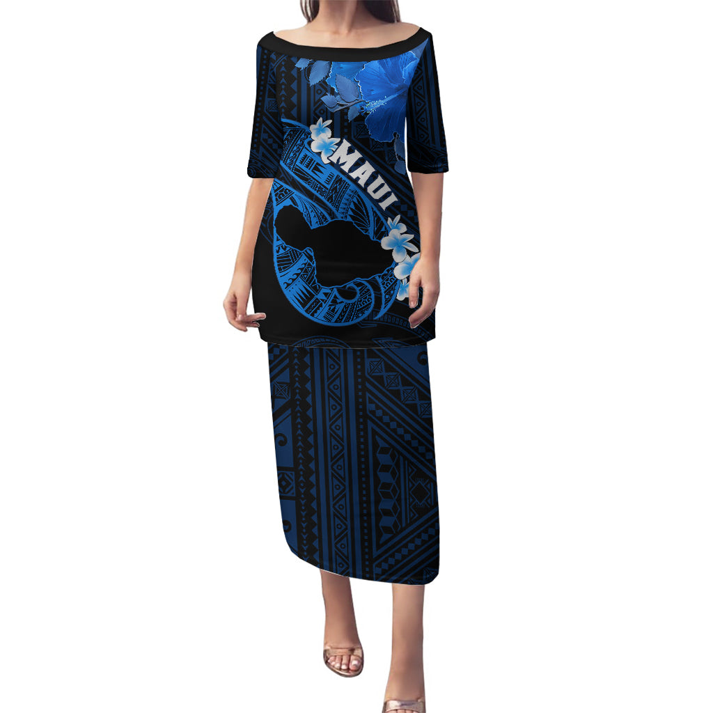 Hawaii Maui Puletasi Polynesian Fish Hook Hibiscus Blue Version LT05 Long Dress Blue - Polynesian Pride