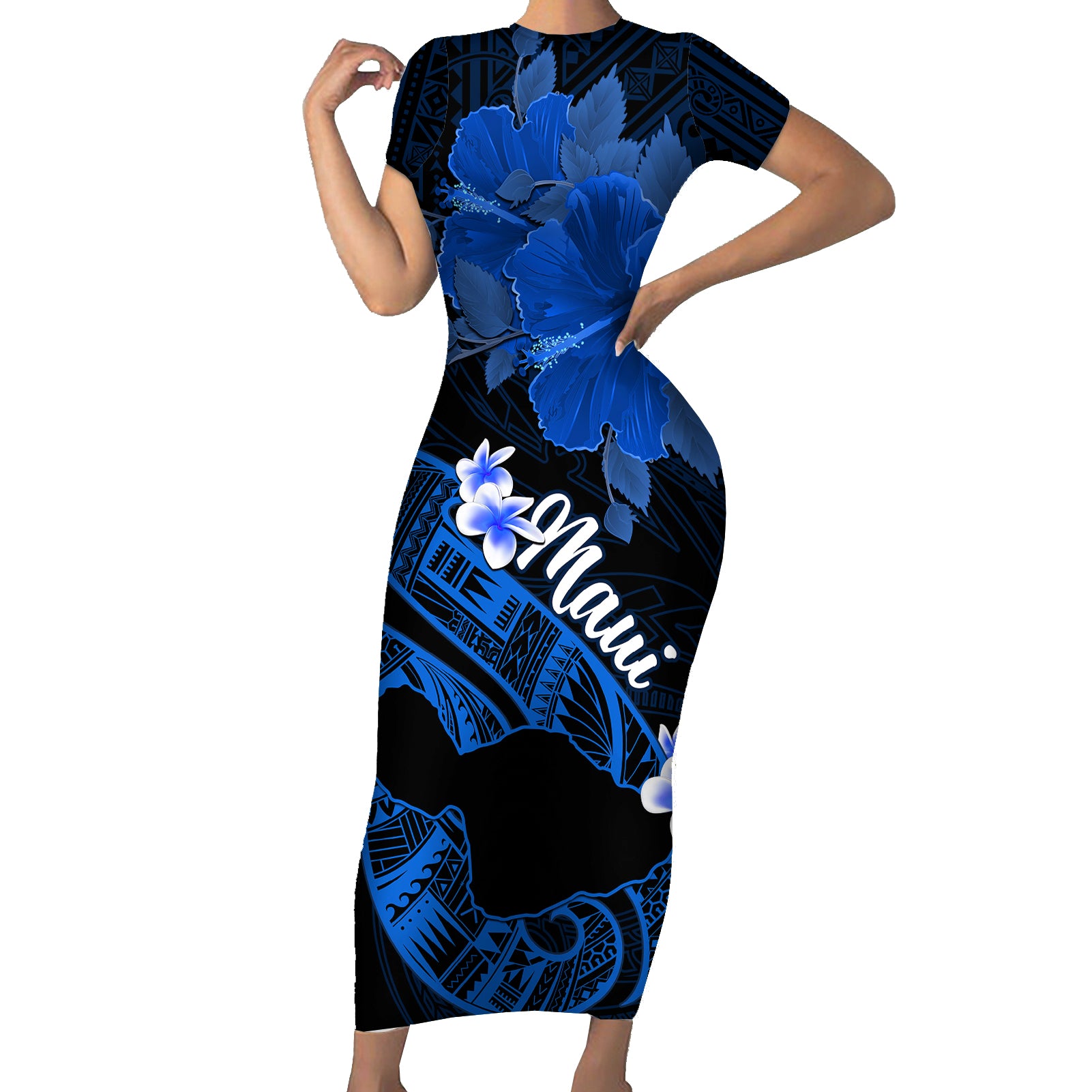 Hawaii Maui Short Sleeve Bodycon Dress Polynesian Fish Hook Hibiscus Blue Version LT05 Long Dress Blue - Polynesian Pride