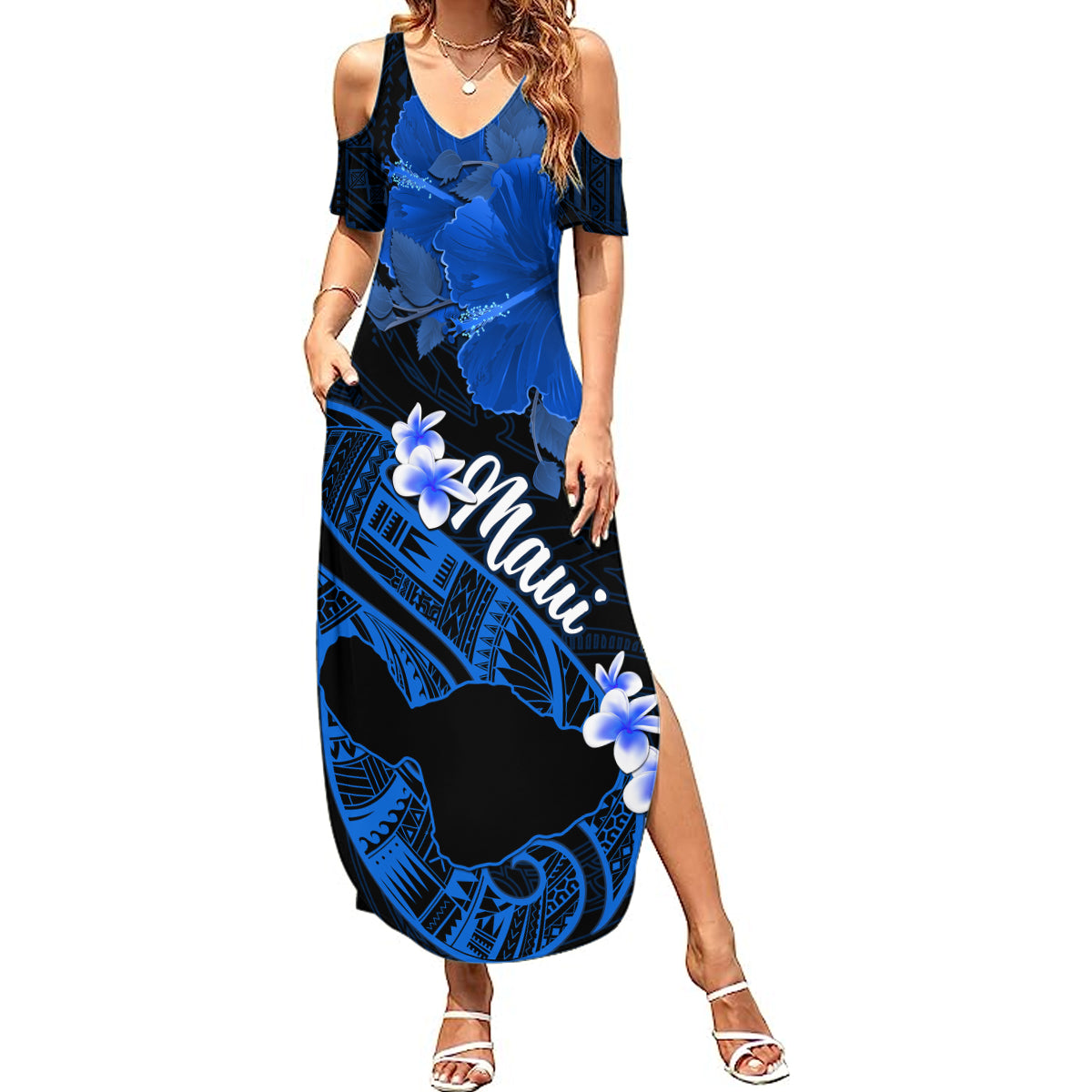 Hawaii Maui Summer Maxi Dress Polynesian Fish Hook Hibiscus Blue Version LT05 Women Blue - Polynesian Pride