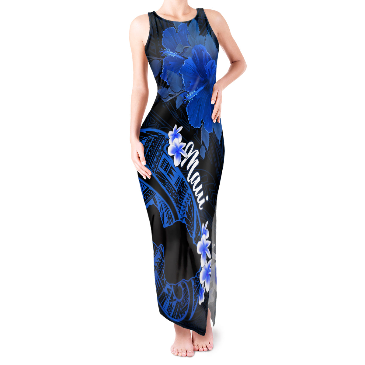 Hawaii Maui Tank Maxi Dress Polynesian Fish Hook Hibiscus Blue Version LT05 Women Blue - Polynesian Pride