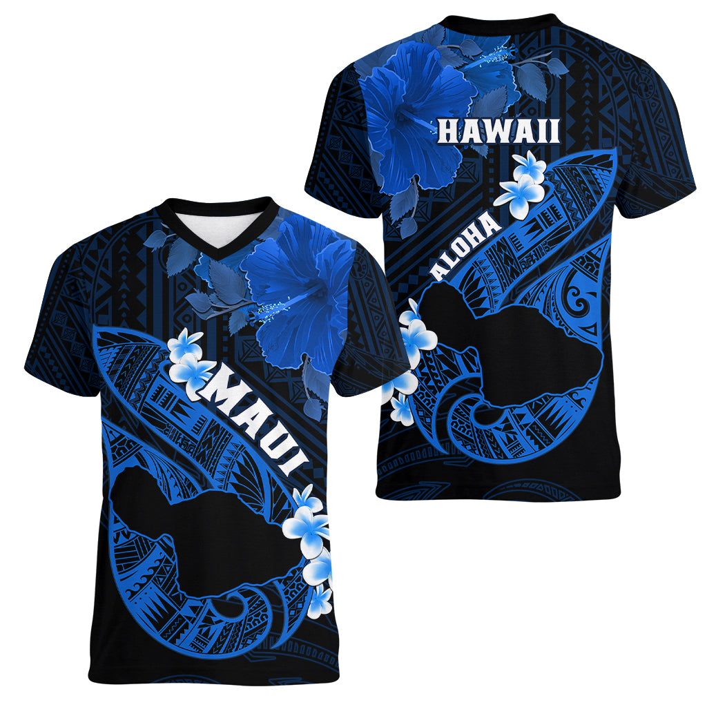 Hawaii Maui Women V Neck T Shirt Polynesian Fish Hook Hibiscus Blue Version LT05 - Polynesian Pride