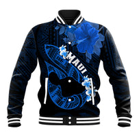 Personalized Hawaii Maui Baseball Jacket Polynesian Fish Hook Hibiscus Blue Version LT05 Unisex Blue - Polynesian Pride
