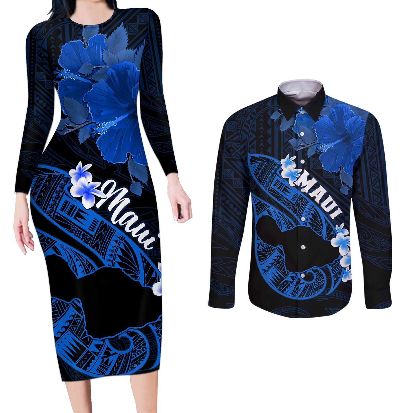 Personalized Hawaii Maui Couples Matching Long Sleeve Bodycon Dress and Long Sleeve Button Shirts Polynesian Fish Hook Hibiscus Blue Version LT05 Blue - Polynesian Pride