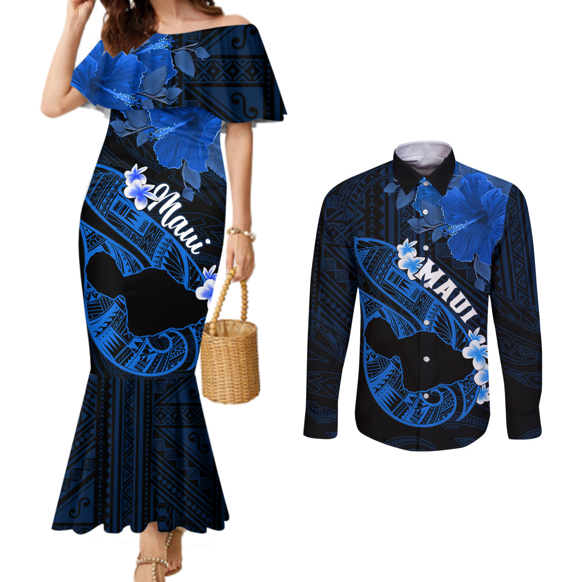 Personalized Hawaii Maui Couples Matching Mermaid Dress and Long Sleeve Button Shirts Polynesian Fish Hook Hibiscus Blue Version LT05 Blue - Polynesian Pride