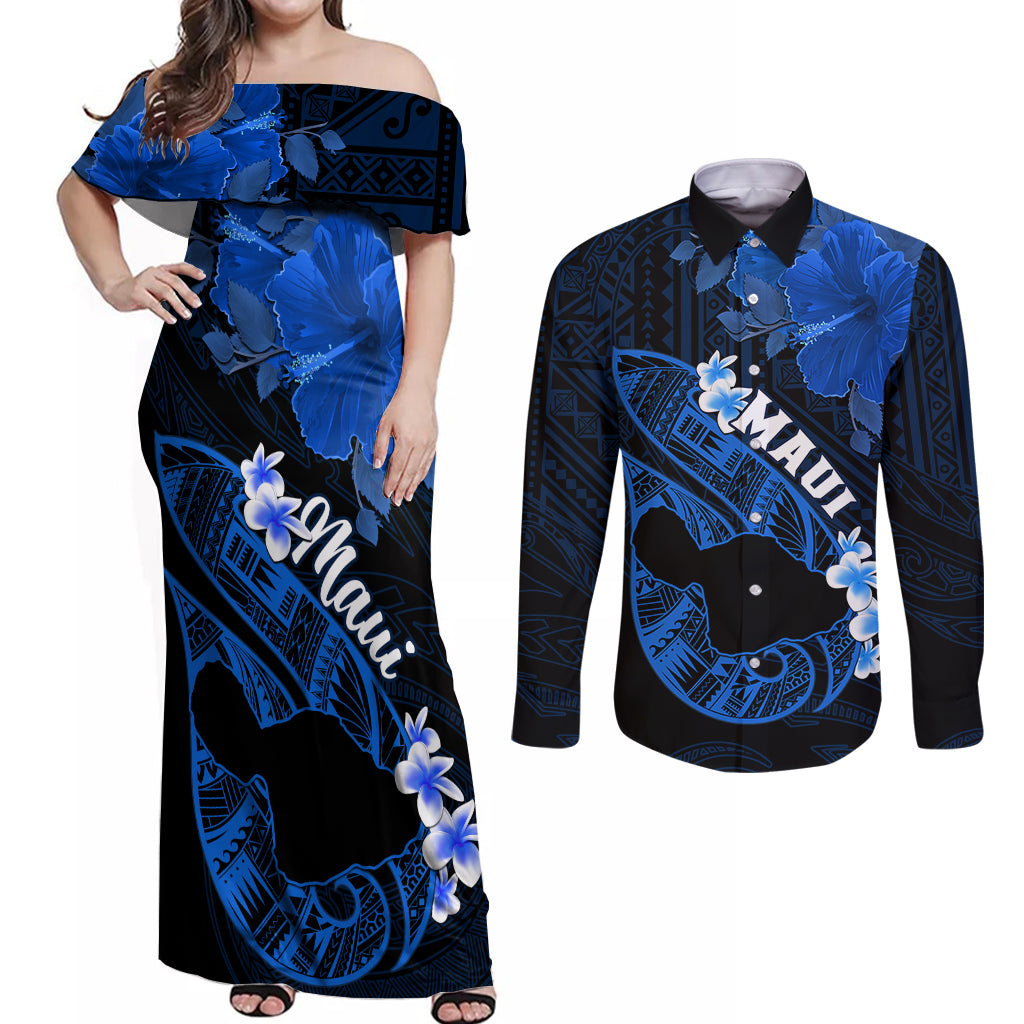 Personalized Hawaii Maui Couples Matching Off Shoulder Maxi Dress and Long Sleeve Button Shirts Polynesian Fish Hook Hibiscus Blue Version LT05 Blue - Polynesian Pride