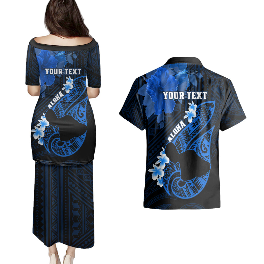 Personalized Hawaii Maui Couples Matching Puletasi Dress and Hawaiian Shirt Polynesian Fish Hook Hibiscus Blue Version LT05 - Polynesian Pride