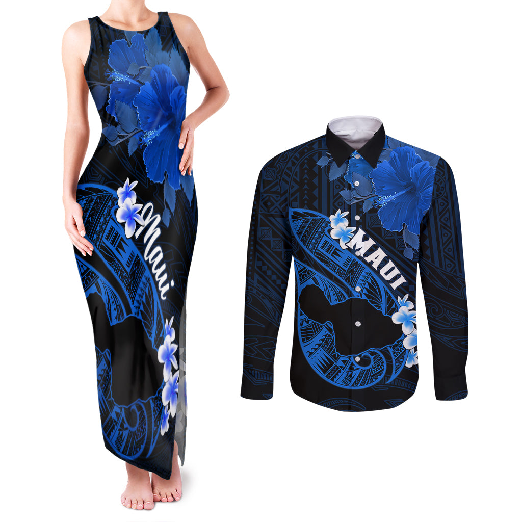 Personalized Hawaii Maui Couples Matching Tank Maxi Dress and Long Sleeve Button Shirts Polynesian Fish Hook Hibiscus Blue Version LT05 Blue - Polynesian Pride
